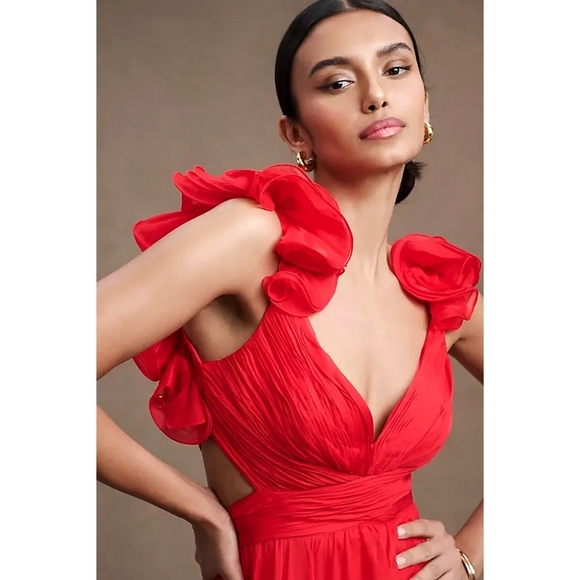 Mac Duggal X Anthropologie Indy A-Line Ruffled Back-Lace Up Chiffon Red Gown - Picture 3 of 7